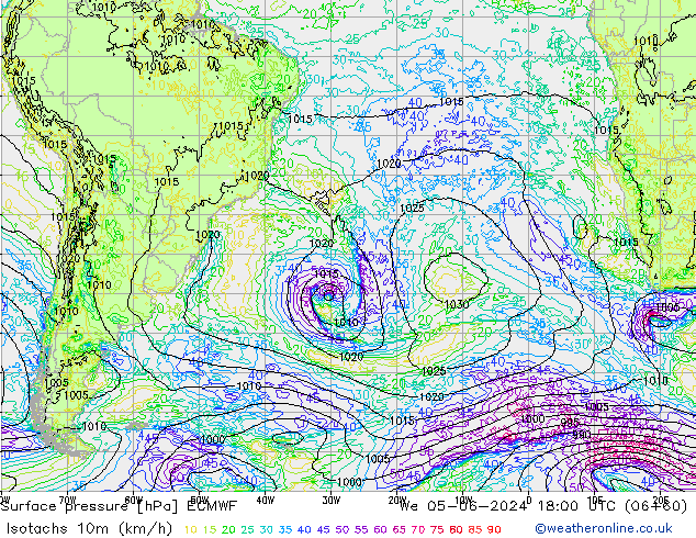 Isotachs (kph) ECMWF We 05.06.2024 18 UTC