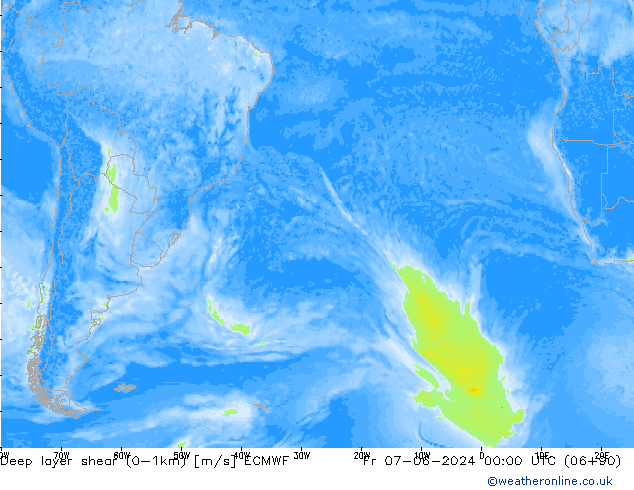 Deep layer shear (0-1km) ECMWF ven 07.06.2024 00 UTC