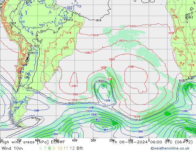 High wind areas ECMWF Čt 06.06.2024 06 UTC