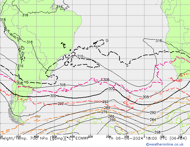 Geop./Temp. 700 hPa ECMWF jue 06.06.2024 18 UTC