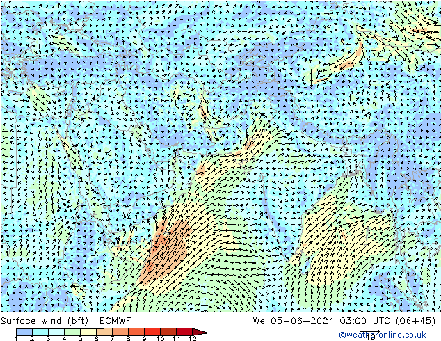 Surface wind (bft) ECMWF We 05.06.2024 03 UTC