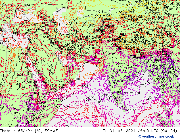 Theta-e 850hPa ECMWF  04.06.2024 06 UTC