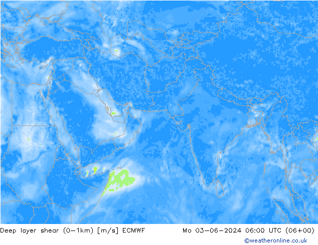 Deep layer shear (0-1km) ECMWF pon. 03.06.2024 06 UTC