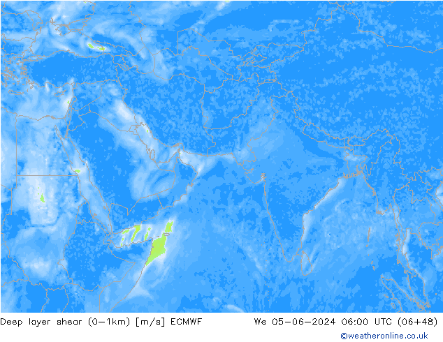 Deep layer shear (0-1km) ECMWF mié 05.06.2024 06 UTC