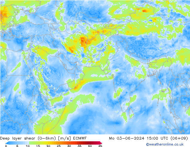 Deep layer shear (0-6km) ECMWF Seg 03.06.2024 15 UTC