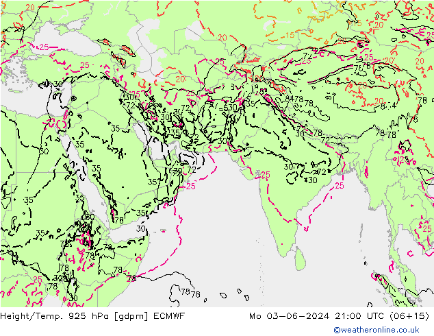 Height/Temp. 925 гПа ECMWF пн 03.06.2024 21 UTC