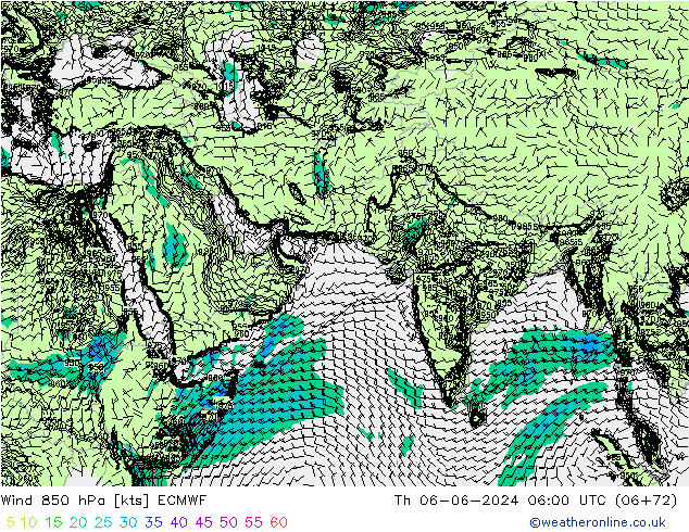 Viento 850 hPa ECMWF jue 06.06.2024 06 UTC