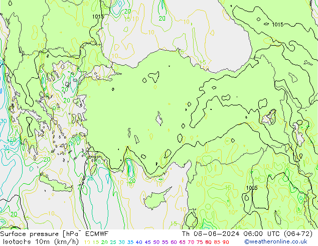 Isotachs (kph) ECMWF jeu 06.06.2024 06 UTC