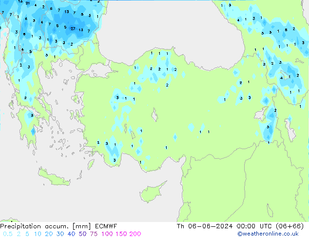 Precipitation accum. ECMWF Čt 06.06.2024 00 UTC