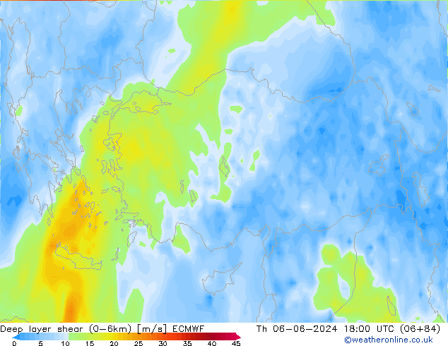 Deep layer shear (0-6km) ECMWF Qui 06.06.2024 18 UTC