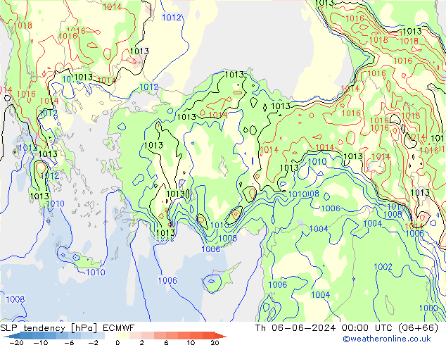 SLP tendency ECMWF Čt 06.06.2024 00 UTC