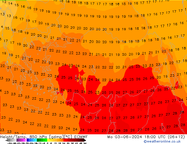 Geop./Temp. 850 hPa ECMWF lun 03.06.2024 18 UTC