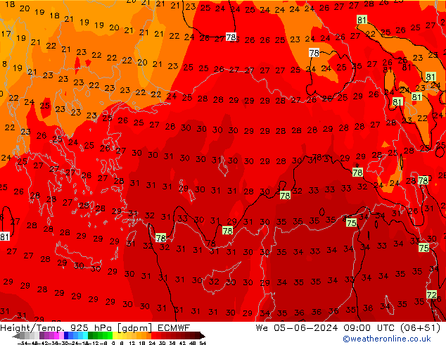 Height/Temp. 925 hPa ECMWF śro. 05.06.2024 09 UTC