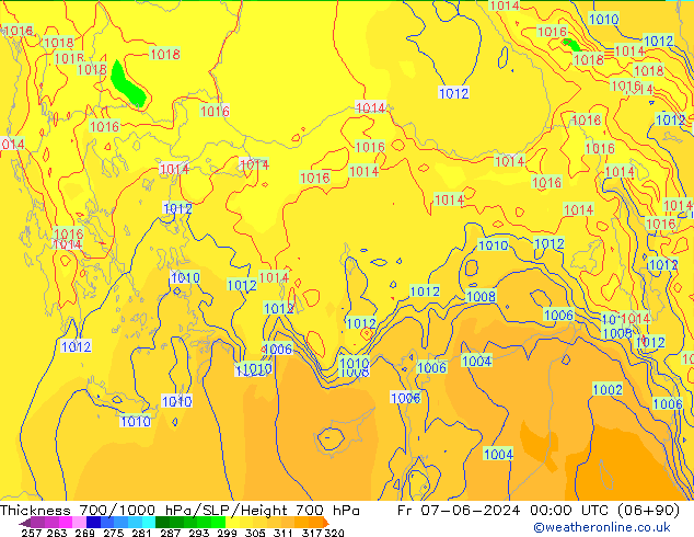 Espesor 700-1000 hPa ECMWF vie 07.06.2024 00 UTC