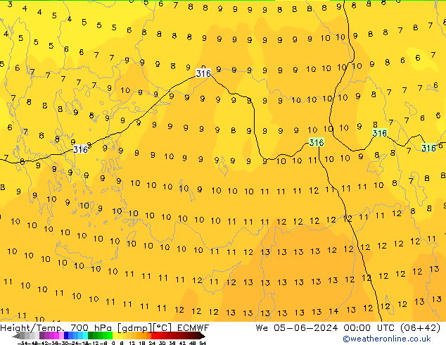 Geop./Temp. 700 hPa ECMWF mié 05.06.2024 00 UTC