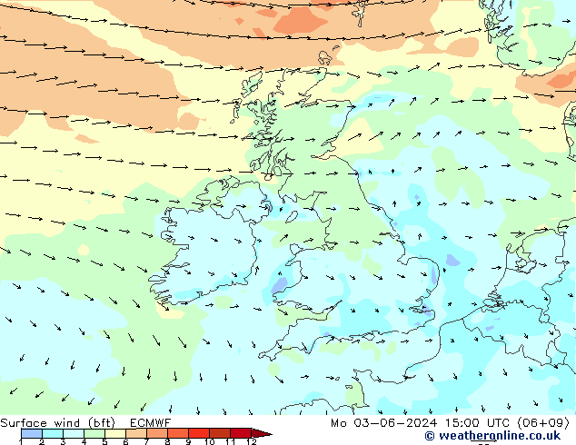 Surface wind (bft) ECMWF Mo 03.06.2024 15 UTC