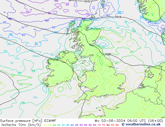 Isotachs (kph) ECMWF  03.06.2024 06 UTC