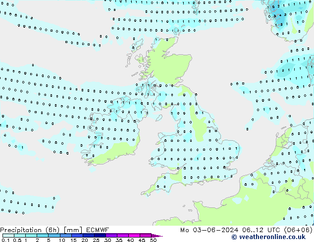 Precipitazione (6h) ECMWF lun 03.06.2024 12 UTC