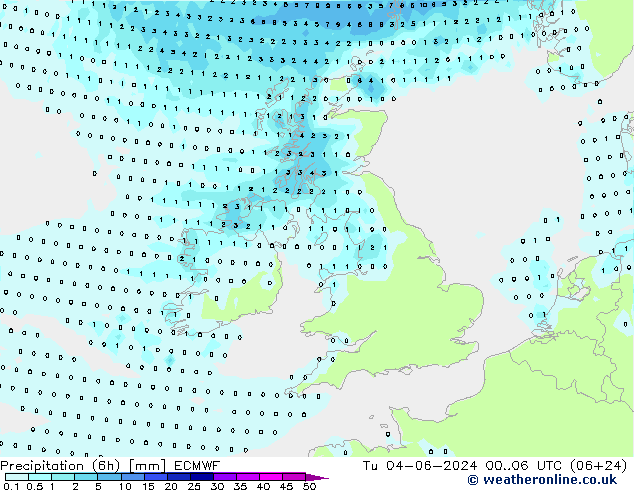 Precipitation (6h) ECMWF Tu 04.06.2024 06 UTC