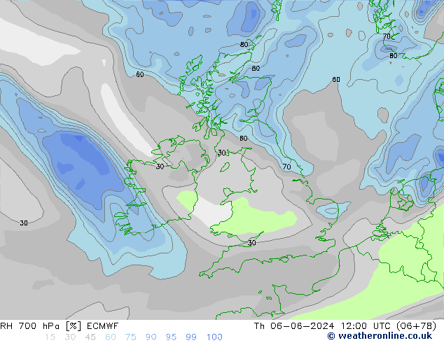 RH 700 hPa ECMWF Th 06.06.2024 12 UTC