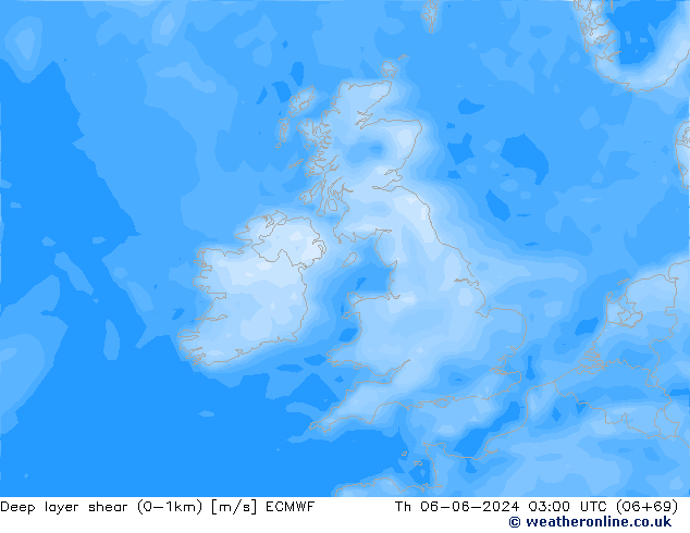 Deep layer shear (0-1km) ECMWF czw. 06.06.2024 03 UTC