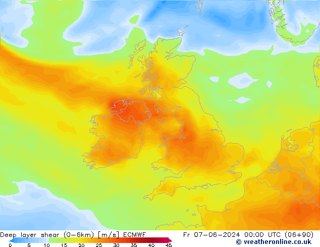 Deep layer shear (0-6km) ECMWF Fr 07.06.2024 00 UTC