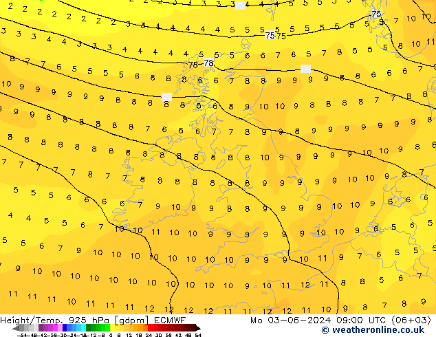 Height/Temp. 925 hPa ECMWF Seg 03.06.2024 09 UTC