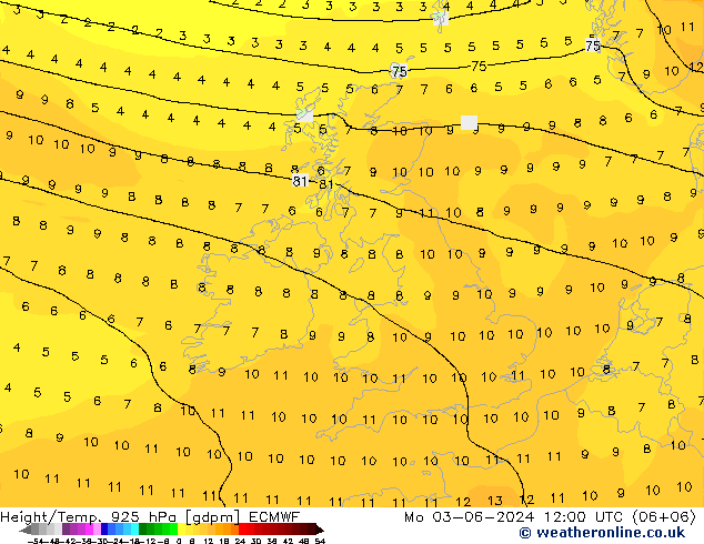 Height/Temp. 925 hPa ECMWF Po 03.06.2024 12 UTC