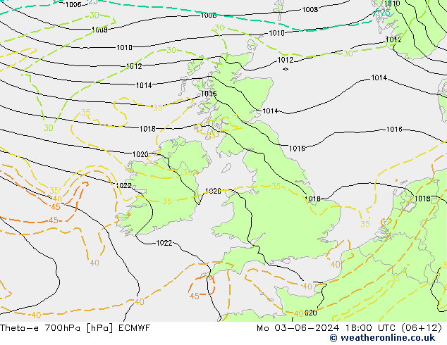 Theta-e 700hPa ECMWF pon. 03.06.2024 18 UTC