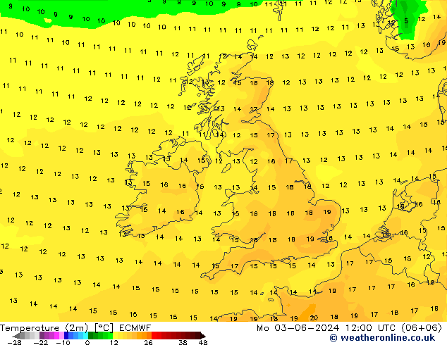 Temperaturkarte (2m) ECMWF Mo 03.06.2024 12 UTC