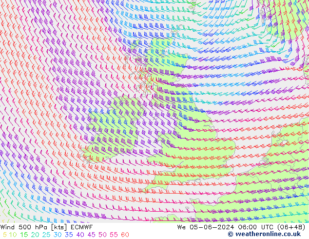 Wind 500 hPa ECMWF Mi 05.06.2024 06 UTC