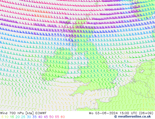 Vento 700 hPa ECMWF lun 03.06.2024 15 UTC