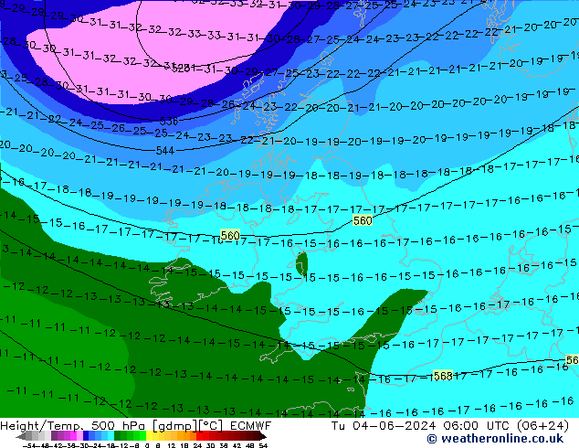 Z500/Rain (+SLP)/Z850 ECMWF Út 04.06.2024 06 UTC