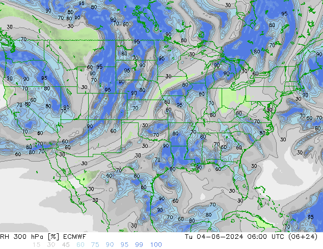 Humidité rel. 300 hPa ECMWF mar 04.06.2024 06 UTC