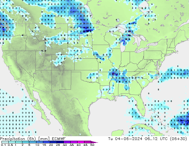 Precipitazione (6h) ECMWF mar 04.06.2024 12 UTC