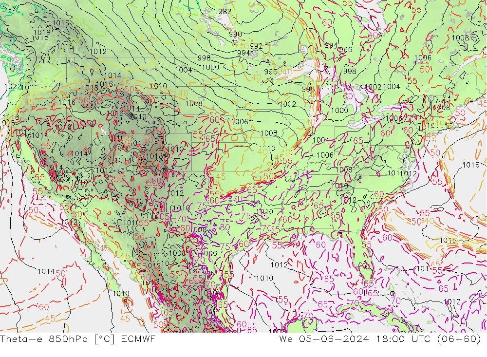 Theta-e 850hPa ECMWF śro. 05.06.2024 18 UTC