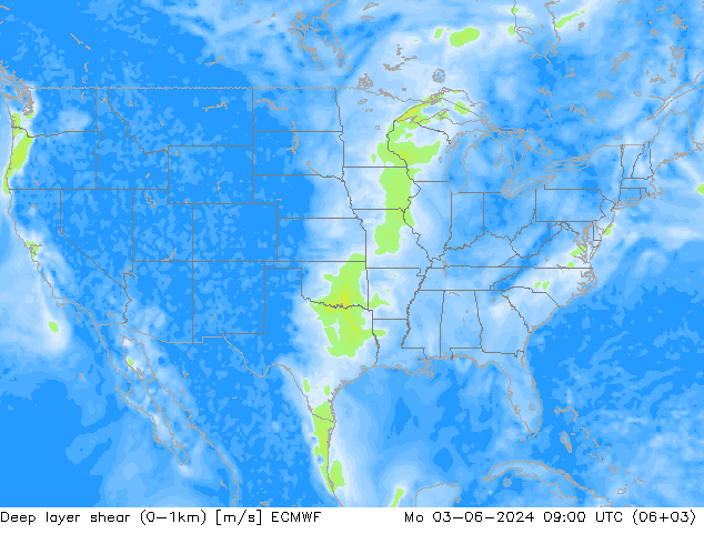 Deep layer shear (0-1km) ECMWF Mo 03.06.2024 09 UTC