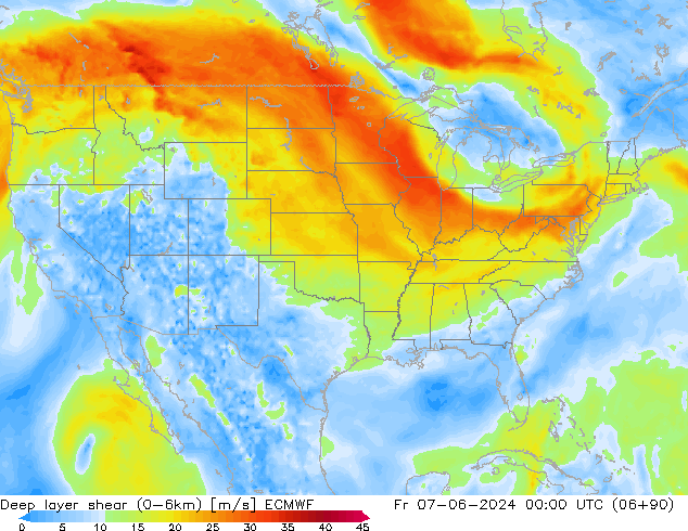 Deep layer shear (0-6km) ECMWF Sex 07.06.2024 00 UTC