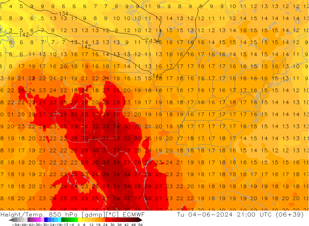 Height/Temp. 850 hPa ECMWF Tu 04.06.2024 21 UTC