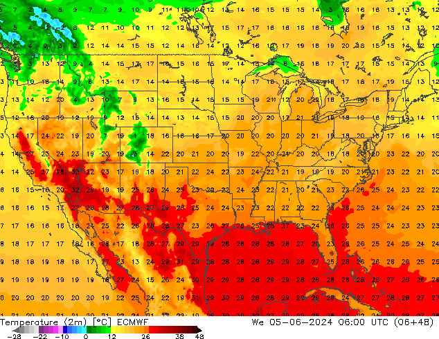 mapa temperatury (2m) ECMWF śro. 05.06.2024 06 UTC