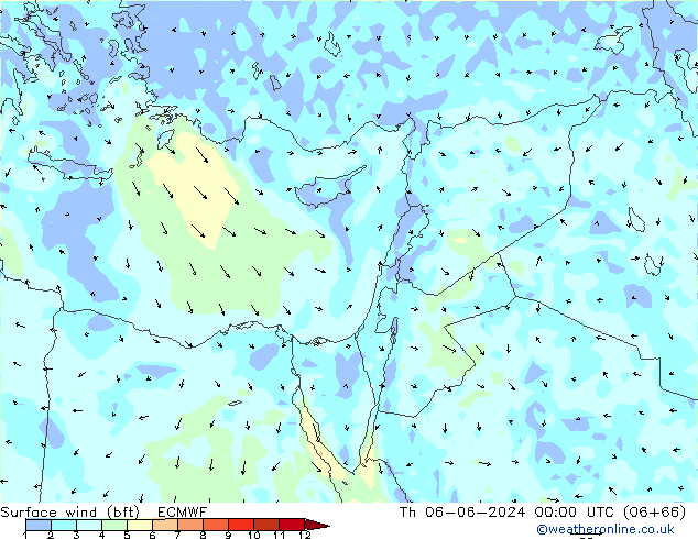 Viento 10 m (bft) ECMWF jue 06.06.2024 00 UTC