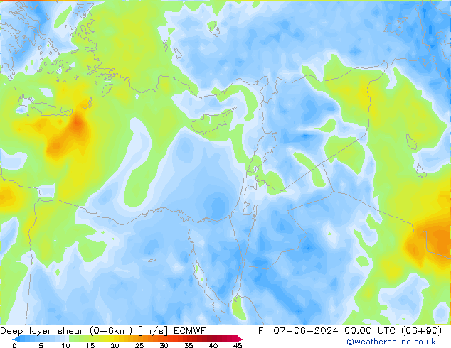 Deep layer shear (0-6km) ECMWF ven 07.06.2024 00 UTC