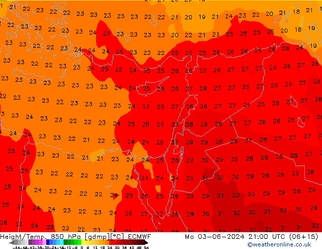 Height/Temp. 850 hPa ECMWF Mo 03.06.2024 21 UTC