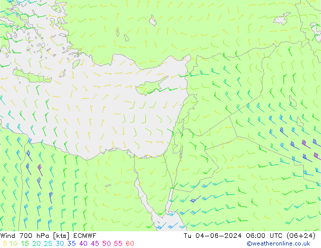 Wind 700 hPa ECMWF Út 04.06.2024 06 UTC