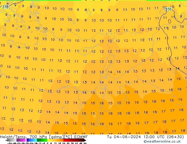 Height/Temp. 700 hPa ECMWF Tu 04.06.2024 12 UTC