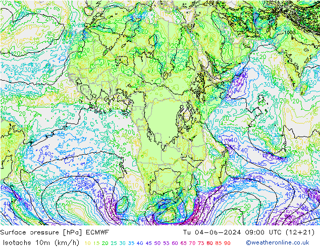Isotachs (kph) ECMWF Tu 04.06.2024 09 UTC