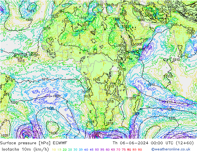 Isotachs (kph) ECMWF Čt 06.06.2024 00 UTC