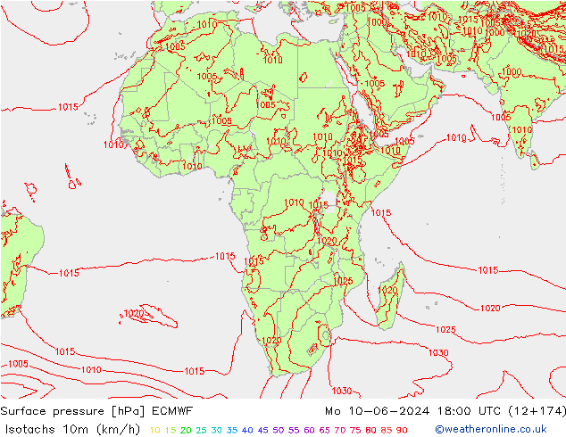 Isotachen (km/h) ECMWF Mo 10.06.2024 18 UTC