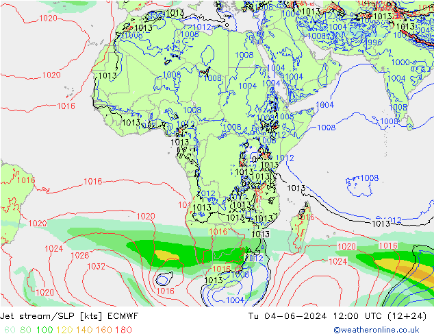 Jet stream/SLP ECMWF Tu 04.06.2024 12 UTC