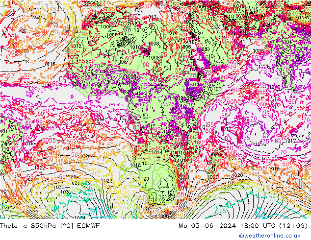 Theta-e 850hPa ECMWF Seg 03.06.2024 18 UTC